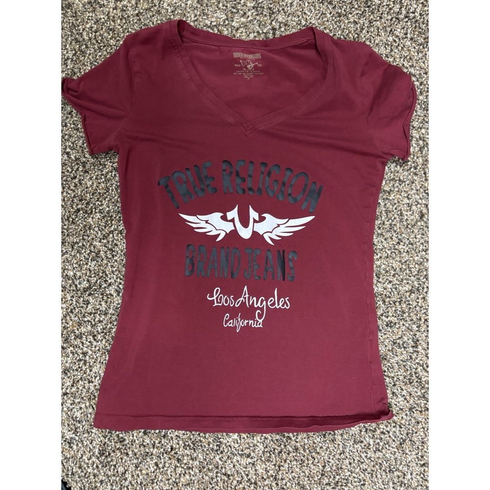 True Religion Burgundy XL Women's V Neck Slim Fitted Tshirt Logo YTK‎